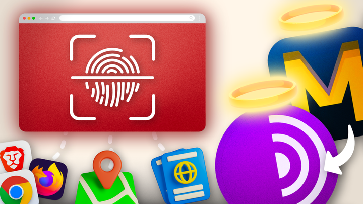 Video thumbnail: A red browser window with a fingerprint icon on it, and Tor Browser/Mullvad Browser in contrast off to the right