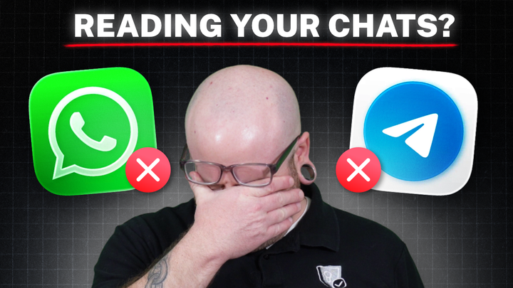 Nate facepalming with WhatsApp and elegram apps floating, above it reads "Reading your chats?"